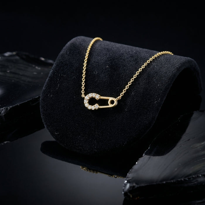 Round Diamond Safety Pin Pendant Necklace in 14K Gold