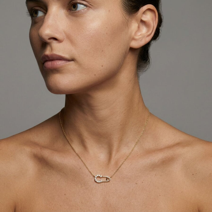 Round Diamond Safety Pin Pendant Necklace in 14K Gold
