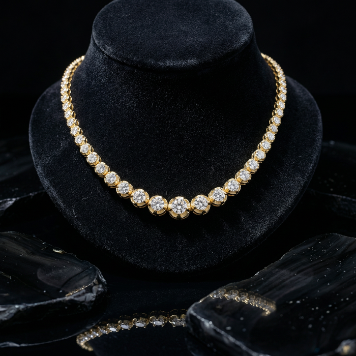 5ct Round Diamond 14K Gold Graduated Bezel Tennis Necklace