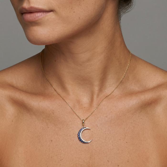 Blue Sapphire Moon Diamond Pendant Necklace in 14K Yellow Gold