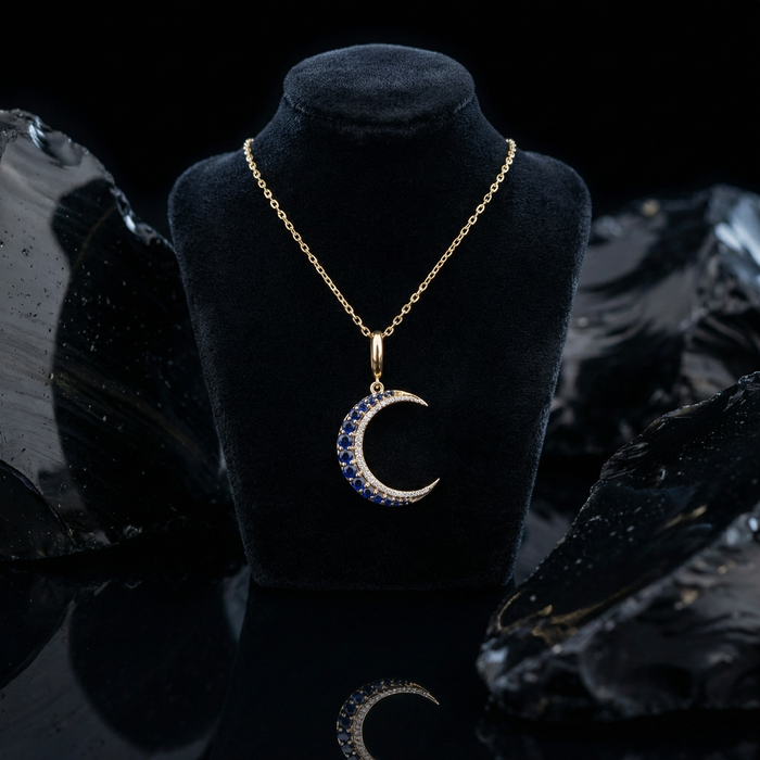 Blue Sapphire Moon Diamond Pendant Necklace in 14K Yellow Gold