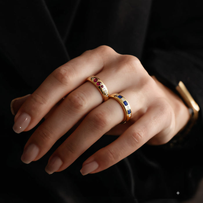 Multi Shape Ruby Diamond Accent Band Ring in 14K Yellow Gold