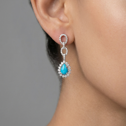 Serene Ocean Turquoise Diamond Drop Earrings in 18K White Gold