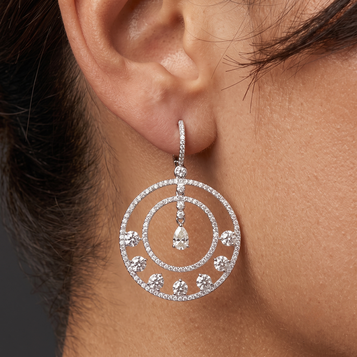 Radiant Halo Double Circle Diamond Drop Earrings in 14K White Gold