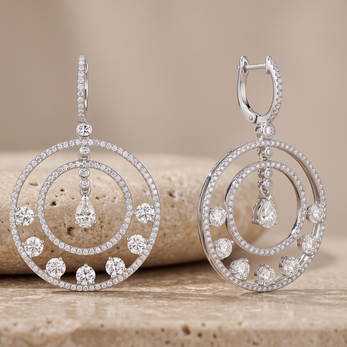 Radiant Halo Double Circle Diamond Drop Earrings in 14K White Gold