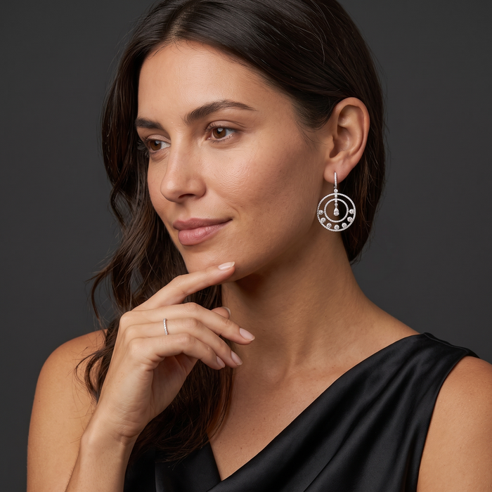 Radiant Halo Double Circle Diamond Drop Earrings in 14K White Gold
