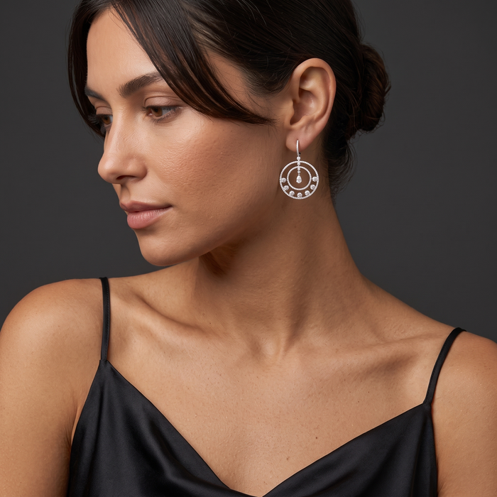 Radiant Halo Double Circle Diamond Drop Earrings in 14K White Gold