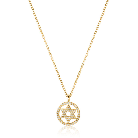 Star of David Circle Diamond Pendant Necklace in 14K Yellow Gold