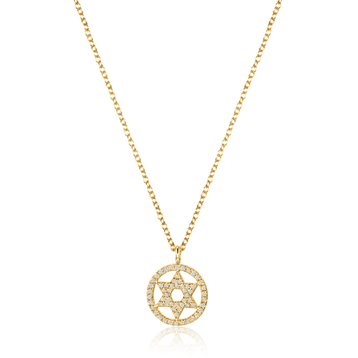 Star of David Circle Diamond Pendant Necklace in 14K Yellow Gold