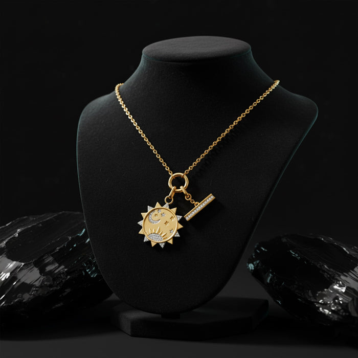 Celestial Moon Star Charm Pendant Necklace in 14K Yellow Gold