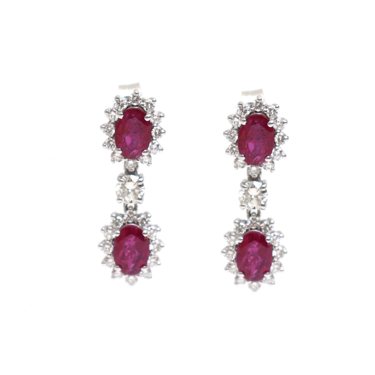 Ruby Double Halo 18K Natural Diamond White Gold Drop Earrings