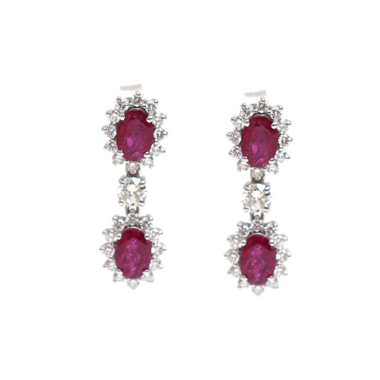 Ruby Double Halo 18K Natural Diamond White Gold Drop Earrings