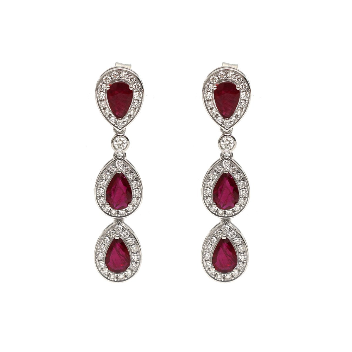 Ruby Triple Drop 18K Natural Diamond White Gold Earrings