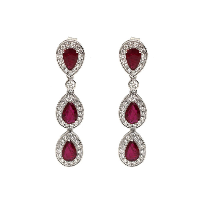 Ruby Triple Drop 18K Natural Diamond White Gold Earrings