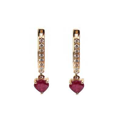 Ruby Heart Drop Earrings in 18K Yellow Gold