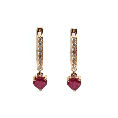 Ruby Heart Charm 18K Yellow Gold Drop Earrings