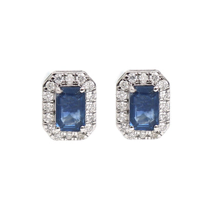 Emerald Cut Blue Sapphire 14K ( 18k Custom) Natural Diamond White Gold Halo Stud Earrings