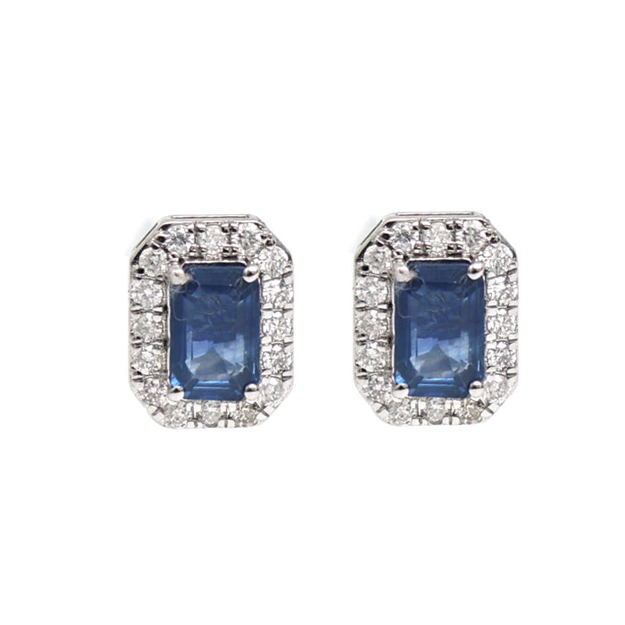 Emerald Cut Blue Sapphire 14K ( 18k Custom) Natural Diamond White Gold Halo Stud Earrings