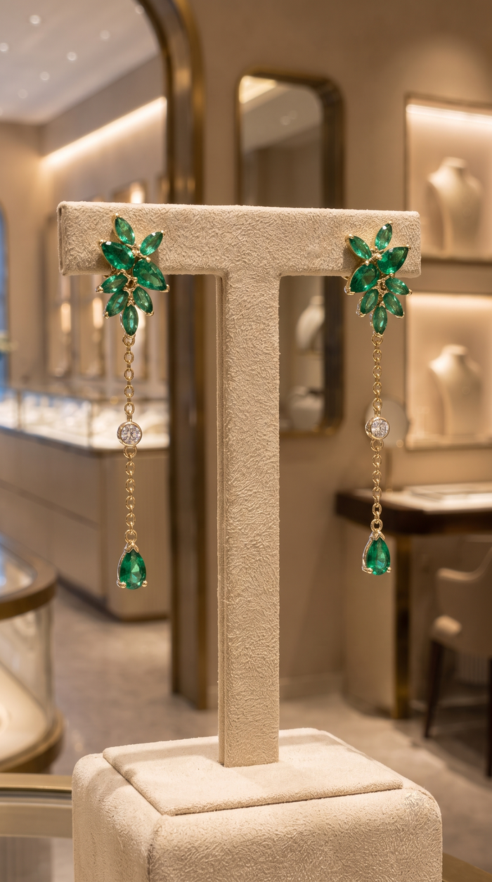 Green Sapphire Diamond Earrings in 14K Yellow Gold