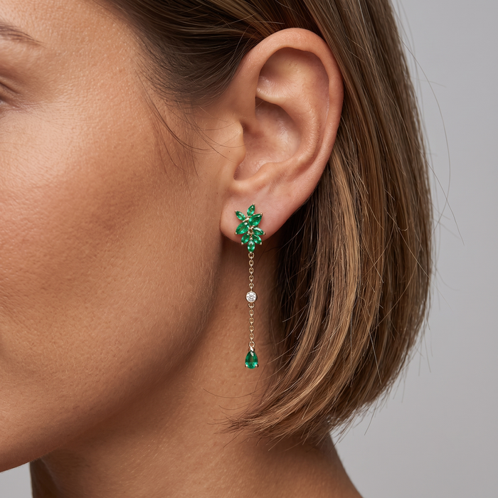 Green Sapphire Diamond Earrings in 14K Yellow Gold