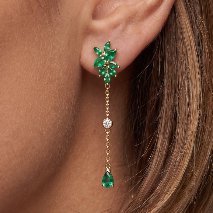 Green Sapphire Diamond Earrings in 14K Yellow Gold