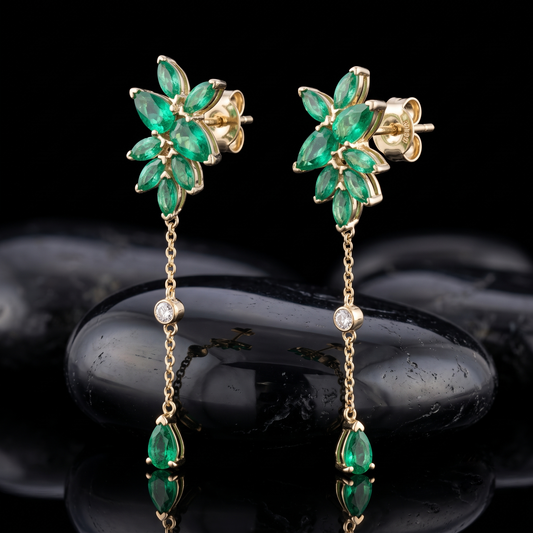 Green Sapphire Diamond Earrings in 14K Yellow Gold