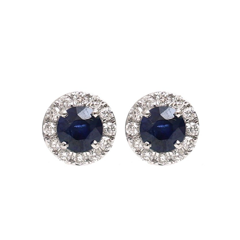 Blue Sapphire Halo 18K Natural Diamond White Earrings