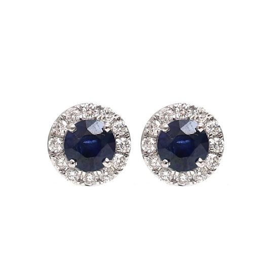 Blue Sapphire Halo 18K Natural Diamond White Earrings