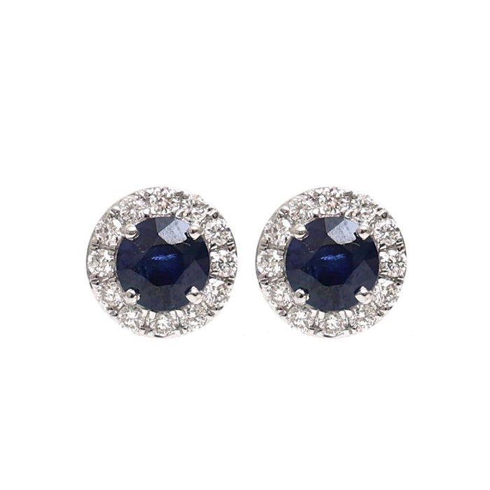 Blue Sapphire Halo 18K Natural Diamond White Earrings