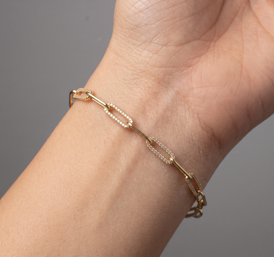 Paperclip Diamond Crafted Link Bracelet in 14K Gold