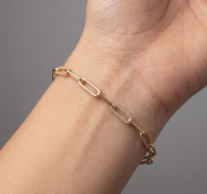 Paperclip Diamond Crafted Link Bracelet in 14K Gold