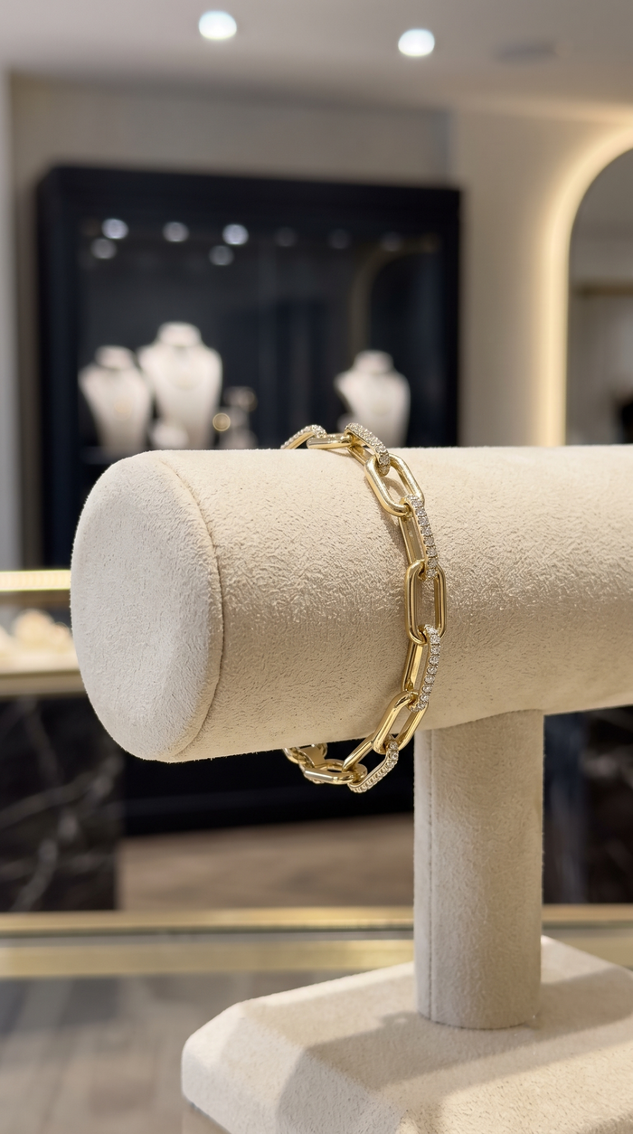 Paperclip Diamond Crafted Link Bracelet in 14K Gold