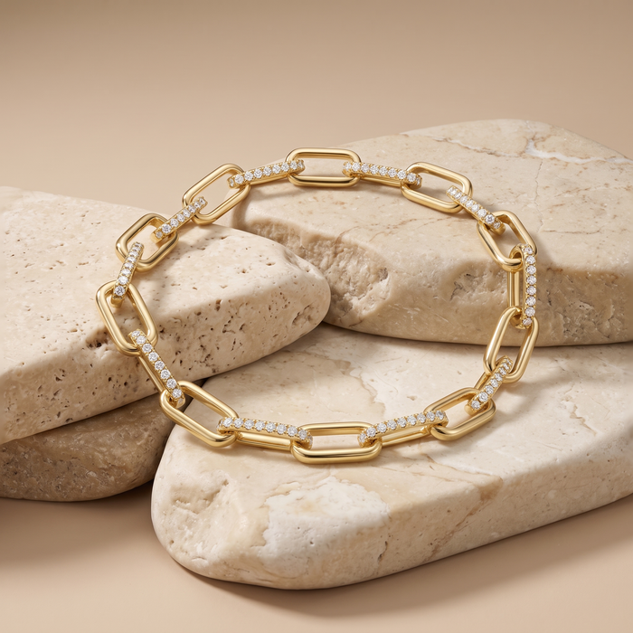 Paperclip Diamond Crafted Link Bracelet in 14K Gold
