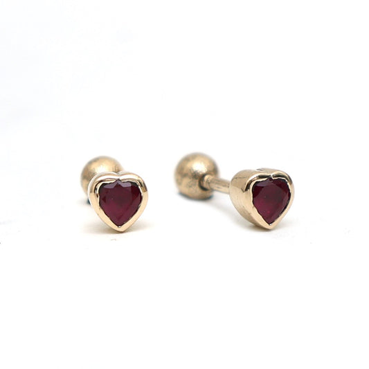 Heart Ruby 14K (18K Custom) Yellow Gold Solitaire Stud Earrings