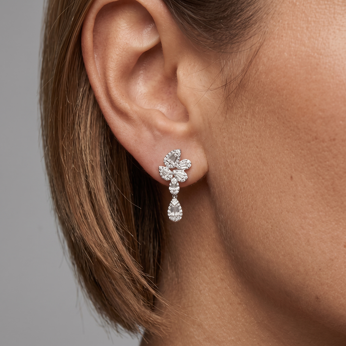 Cluster Baguette Drop Earrings in 14K White Gold