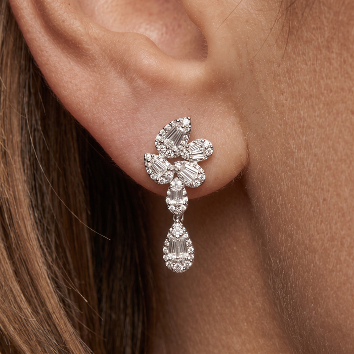 Cluster Baguette Drop Earrings in 14K White Gold