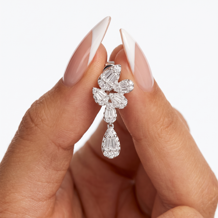 Cluster Baguette Drop Earrings in 14K White Gold