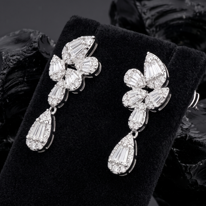 Cluster Baguette Drop Earrings in 14K White Gold
