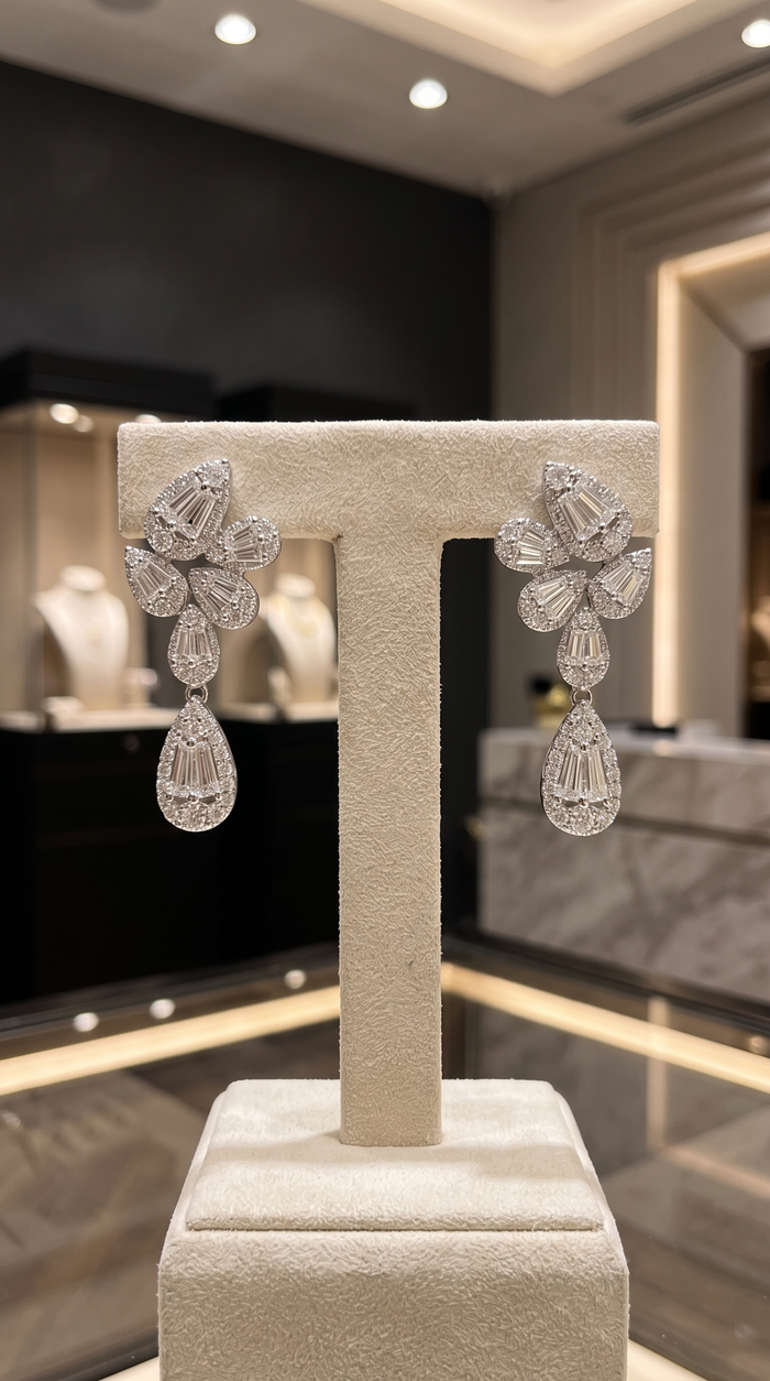 Cluster Baguette Drop Earrings in 14K White Gold