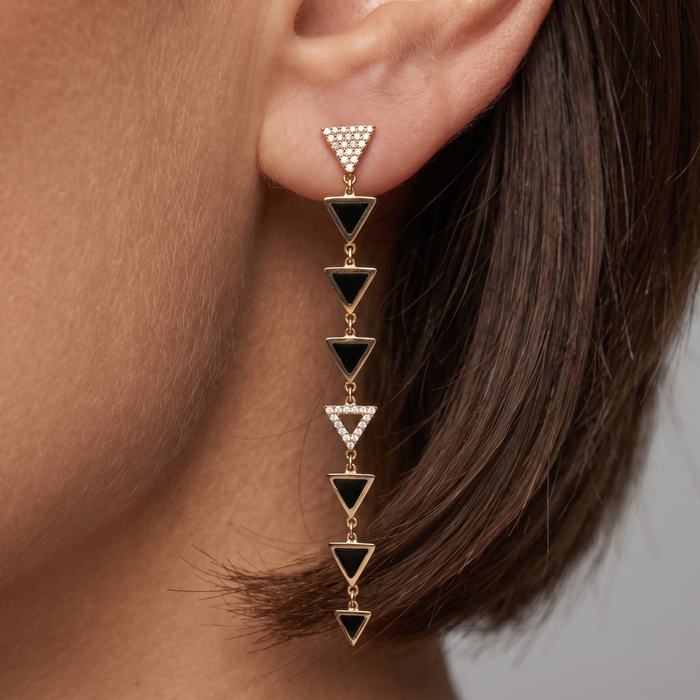 Black Diamond Shine Drop Earrings in 14K Yellow Gold