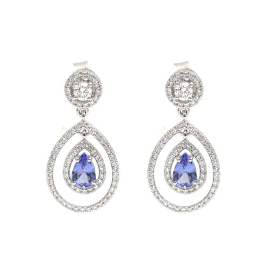 Tanzanite Eclipse Halo 18K Natural Diamond White Gold Drop Earrings