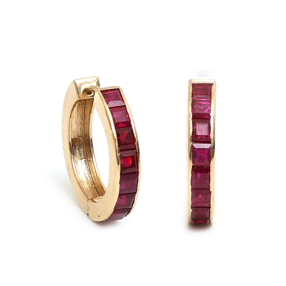 Ruby Channel Set 18K Yellow Gold Hoop Earrings