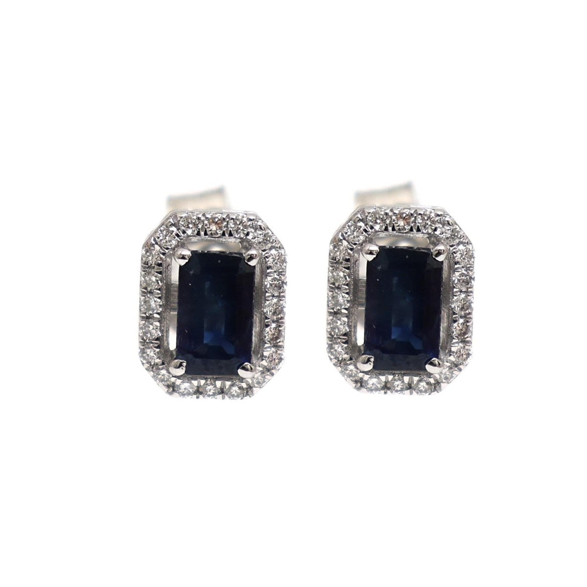 Blue Sapphire Emerald-Cut Natural Diamond Halo Stud Earrings in 18K White Gold