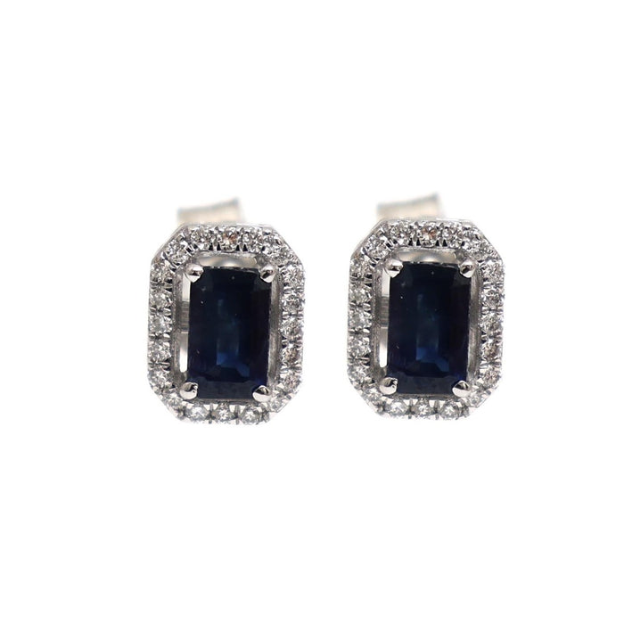 Blue Sapphire Emerald-Cut Natural Diamond Halo Stud Earrings in 18K White Gold