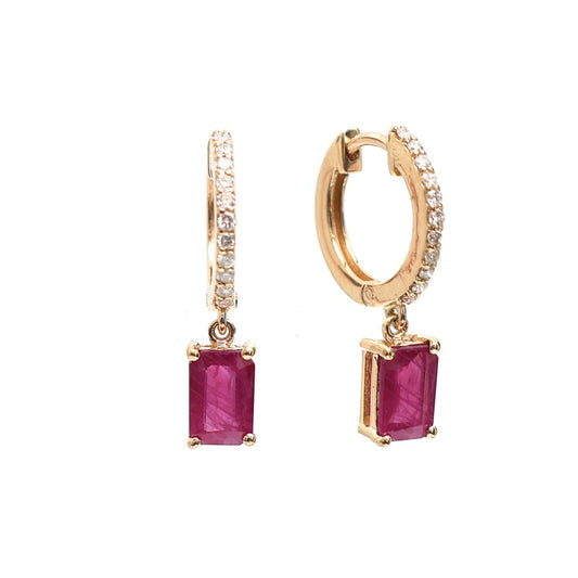 Ruby 18K Natural Diamond Yellow Gold Hoop Drop Earrings