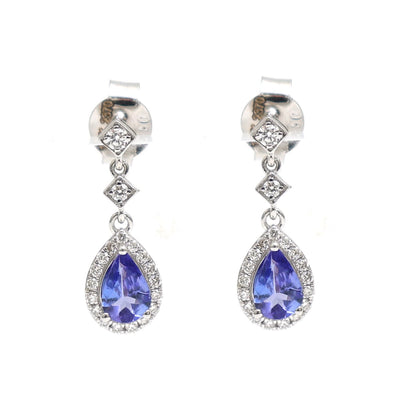 Pear Tanzanite Halo 18K Natural Diamond White Gold Drop Earrings