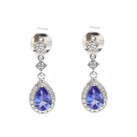 Pear Tanzanite Halo 18K Natural Diamond White Gold Drop Earrings