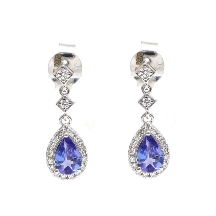 Pear Tanzanite Halo 18K Natural Diamond White Gold Drop Earrings
