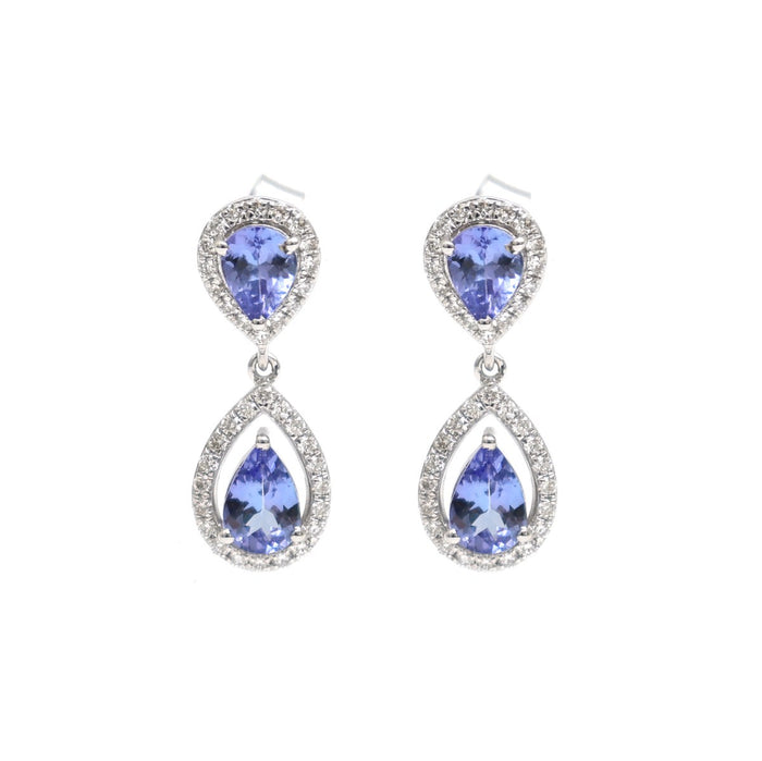 Tanzanite Double Drop 18K Natural Diamond White Gold Halo Earrings