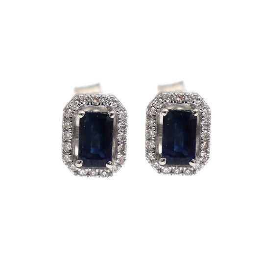 Emerald Cut 18K Blue Sapphire Natural Diamond White Gold Halo Stud Earrings